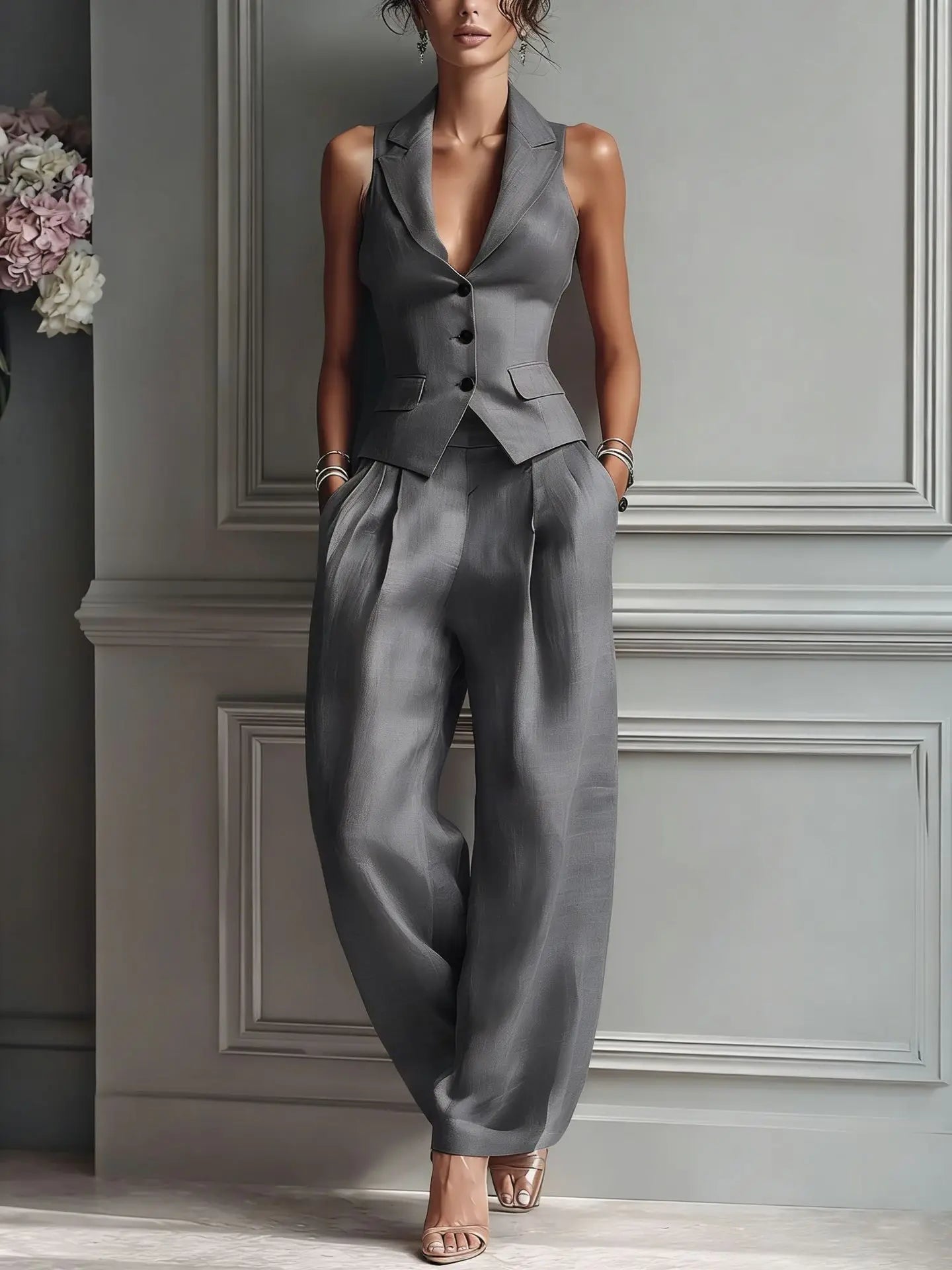 Sleeveless Vest & Wide-Leg Trousers 2-Piece Set – Women’s Office Suit