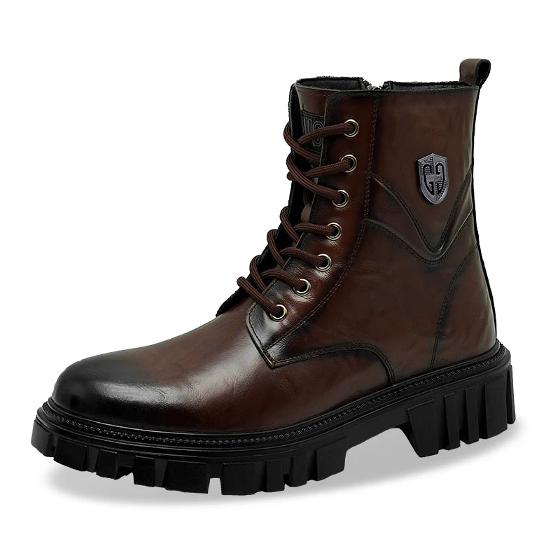 Men's Split Leather Motorcycle Ankle Boots – High-Top Slip-On Thick Sole Winter Boots