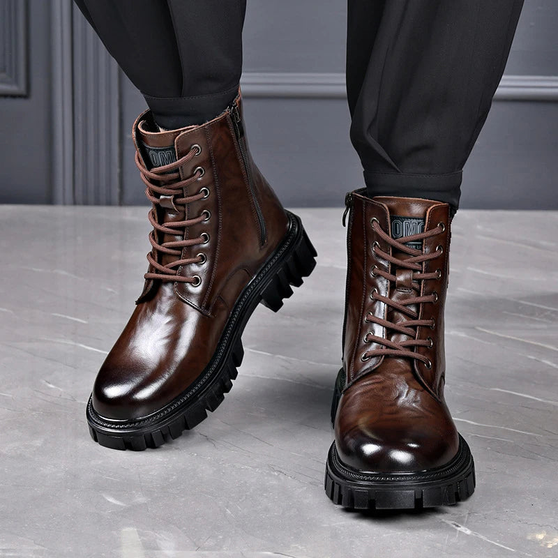 Men's Split Leather Motorcycle Ankle Boots – High-Top Slip-On Thick Sole Winter Boots