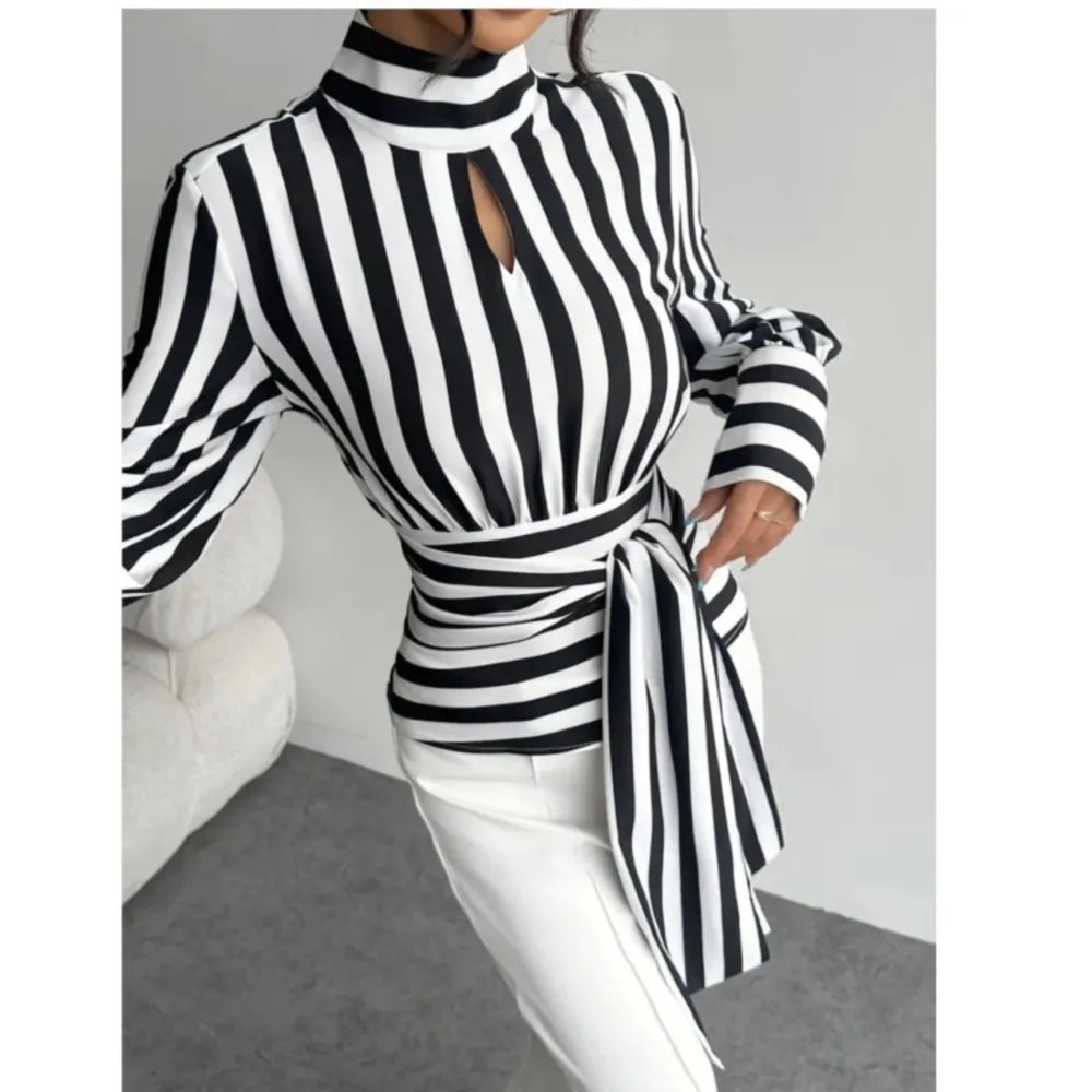 Fashion Trendy Women Black White Contrast Striped Shirt Autumn New Retro Scarf Collar Long-sleeved Elegant Female Pullover Shirt LADYLYS