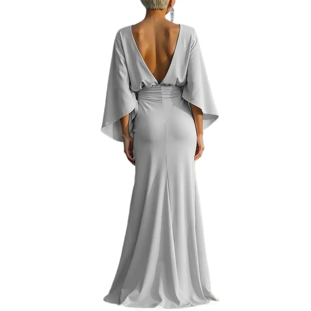 Grey Backless A-Line Maxi Dress with Batwing Sleeves
