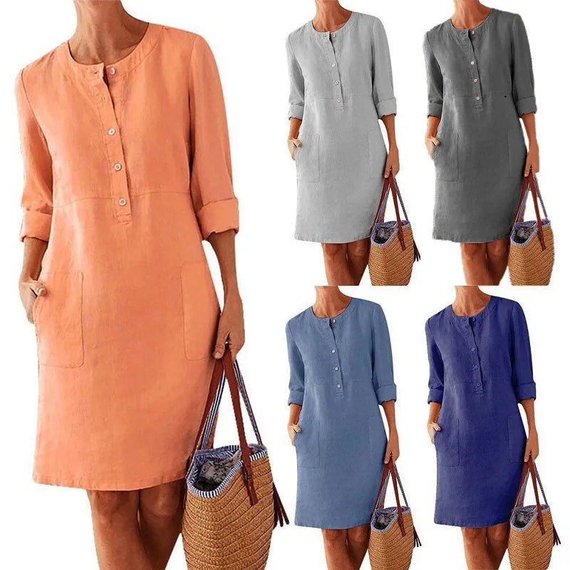 Cotton Linen Tunic Dress – Vintage Straight Cut, Half Sleeve