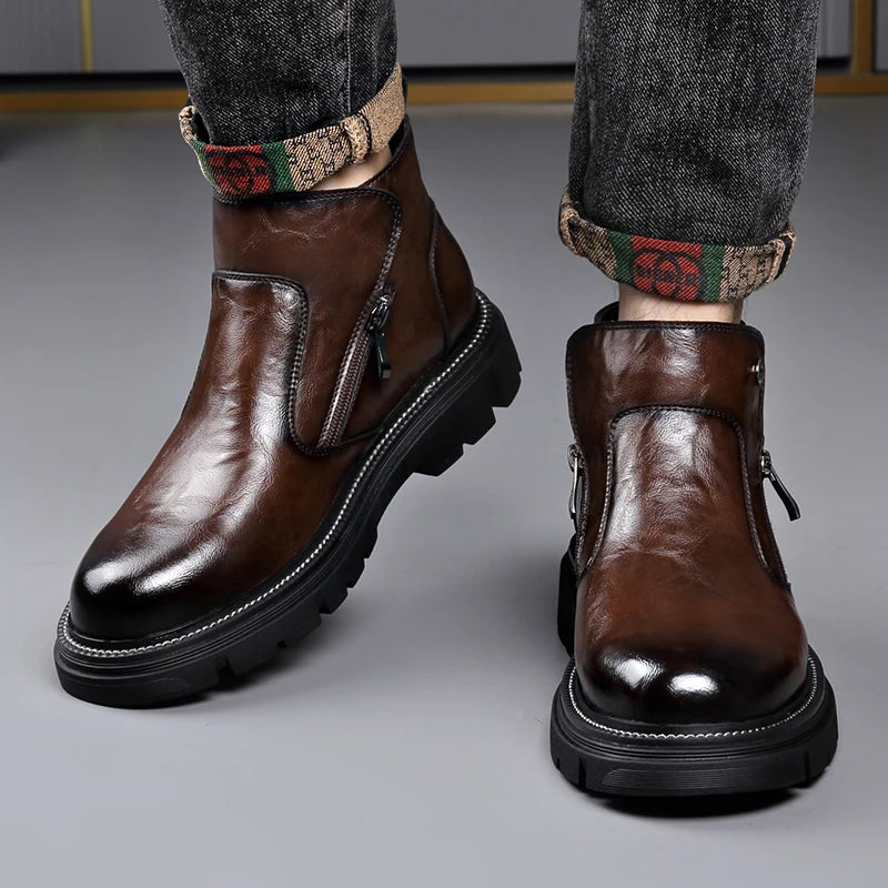 Men's Genuine Leather Zip-Up Ankle Boots – British Retro High-Top Non-Slip Booties