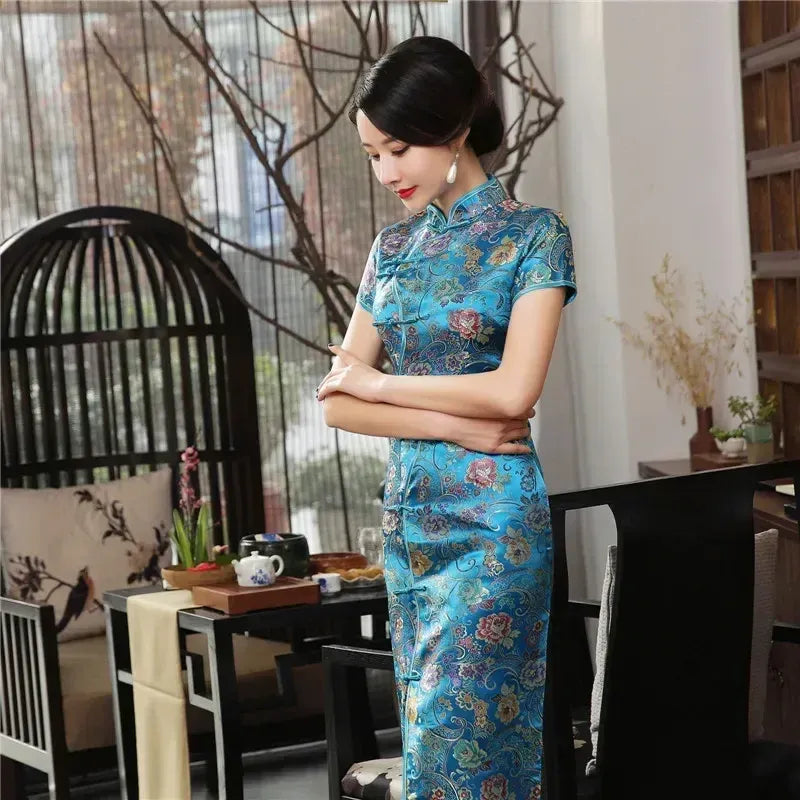 Printed Short-Sleeve Qipao-Inspired Midi Dress