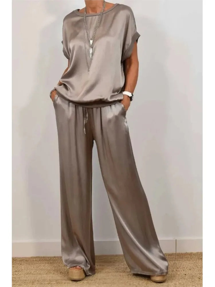 2-piece Set Fashion Satin O Neck T-shirt Top Trousers Summer Retro Elegant LADYLYS