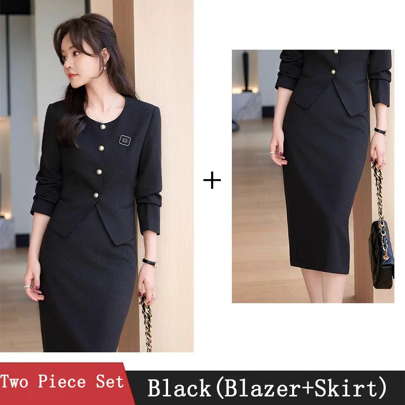Women's 2-Piece Business Skirt Suit – Long Sleeve Blazer & Midi Skirt | Office Professional Set