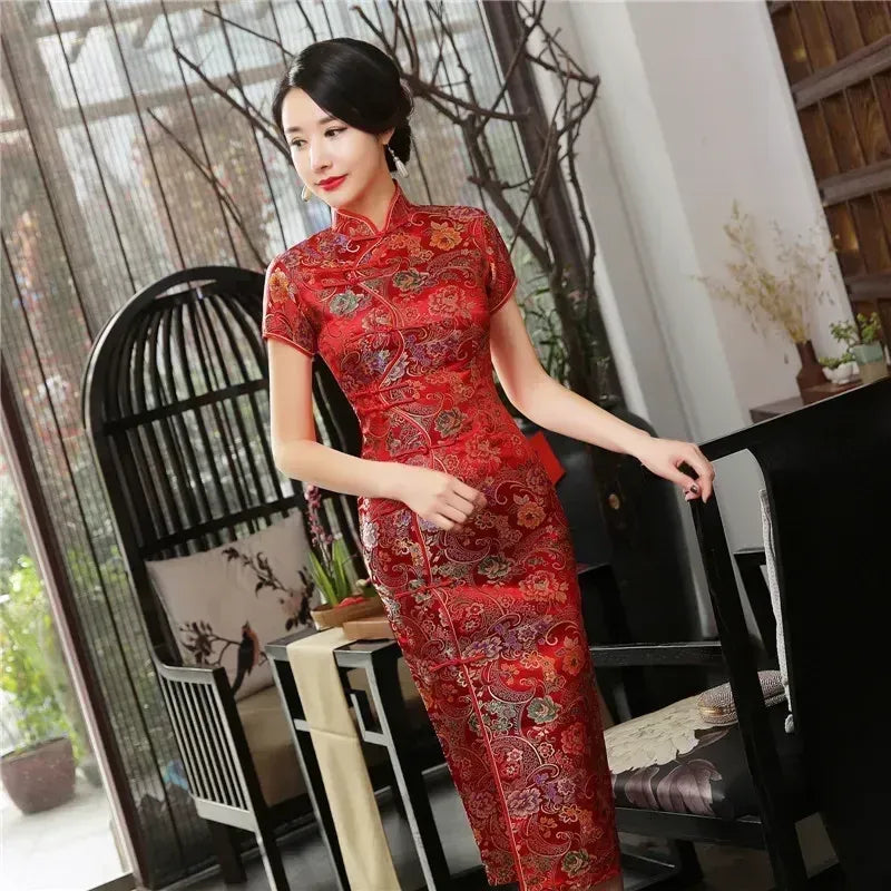 Printed Short-Sleeve Qipao-Inspired Midi Dress