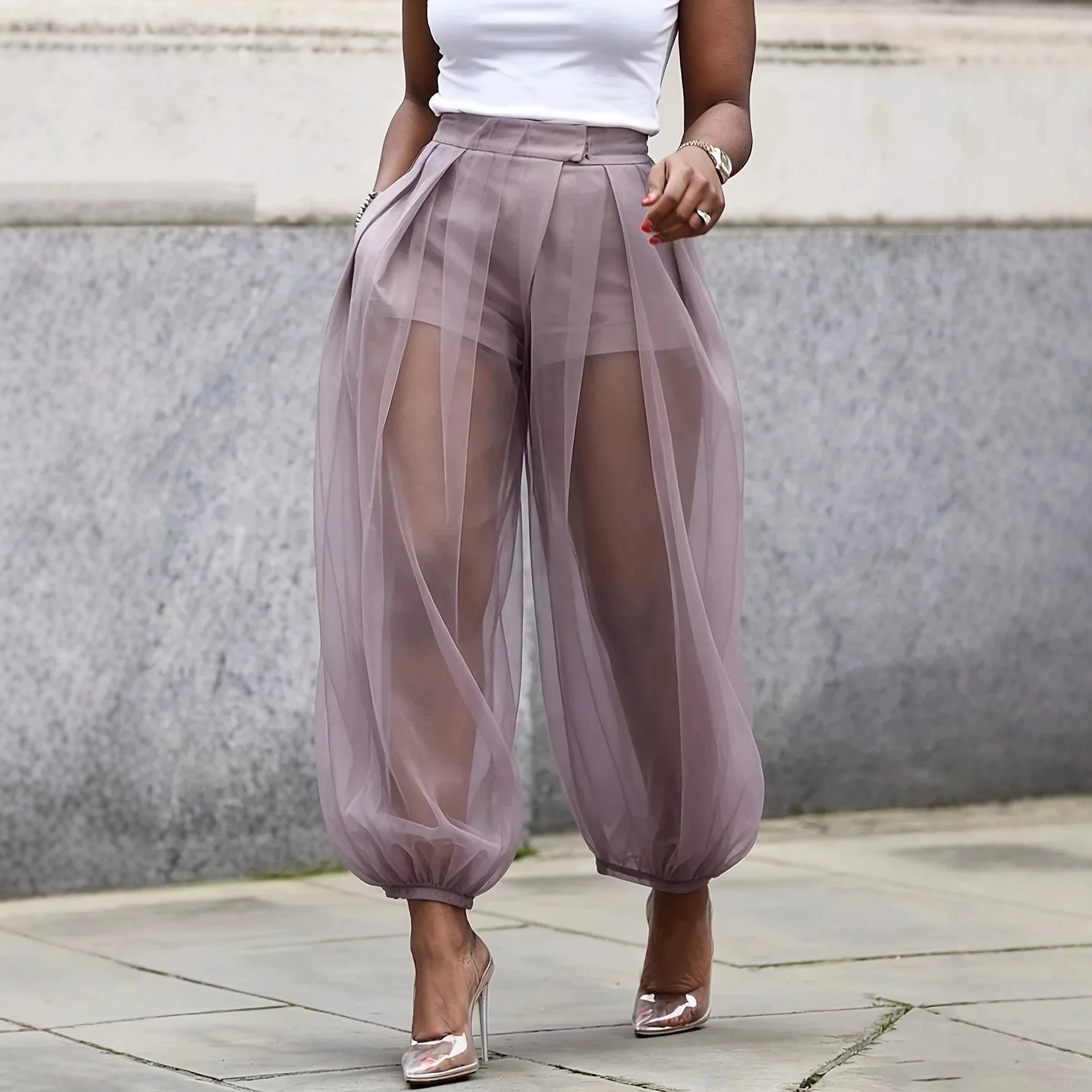 Women's Sheer Mesh Tulle Balloon Pants — High-Waist Elastic Cuff Bloomer Trousers | Elegant Casual