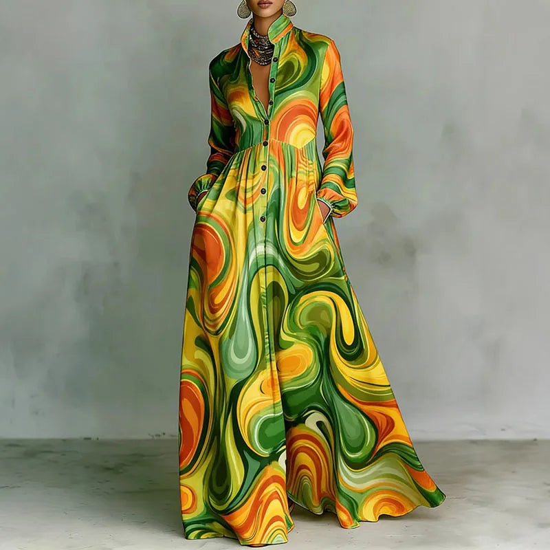 Print High Waist Pleated Woman Spring Shirt Collar Button Pockets Maxi Dress LADYLYS