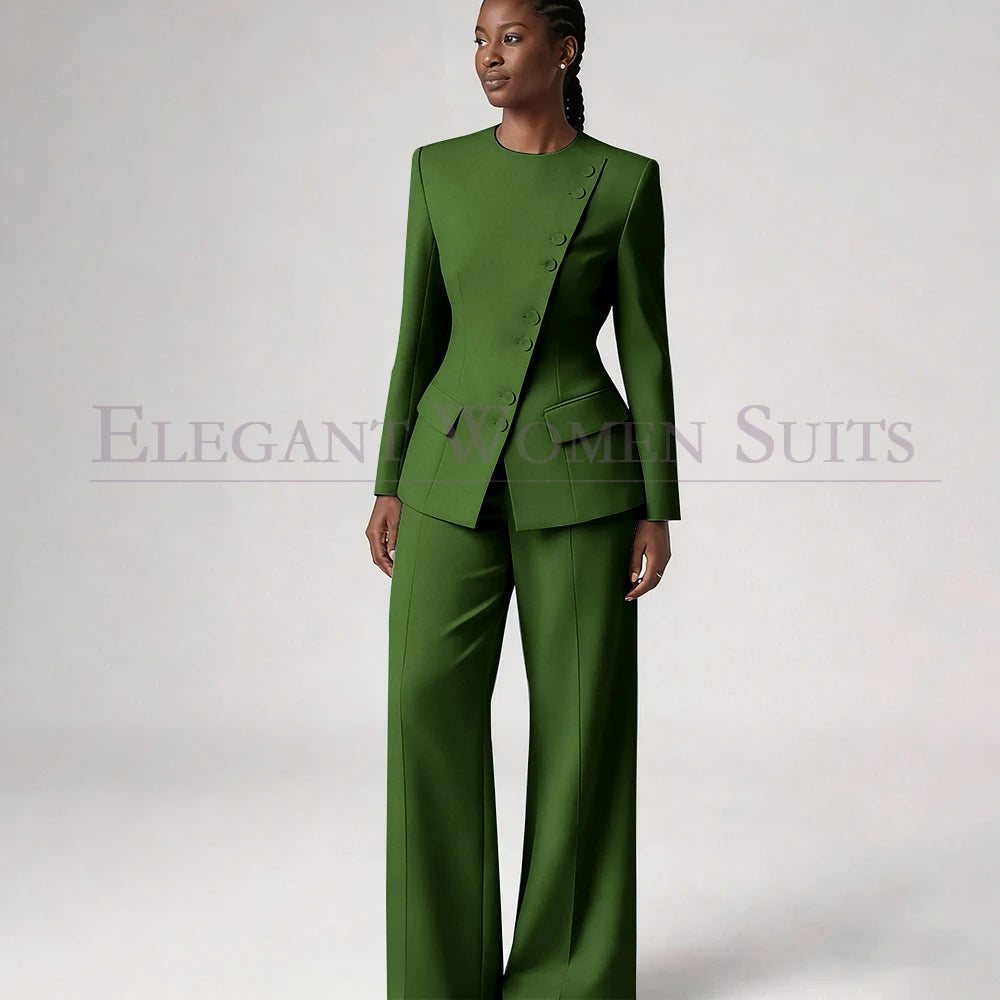Single Breasted Women's Suits Blazer Luxury O-neck Regular Length 2 Piece LADYLYS