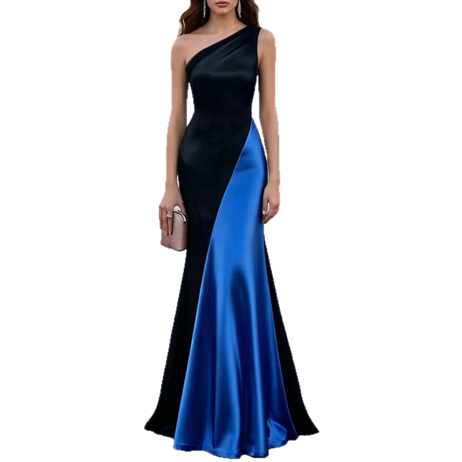 Women's Luxury Satin One-Shoulder Mermaid Gown — Black & Red Patchwork Evening Dress