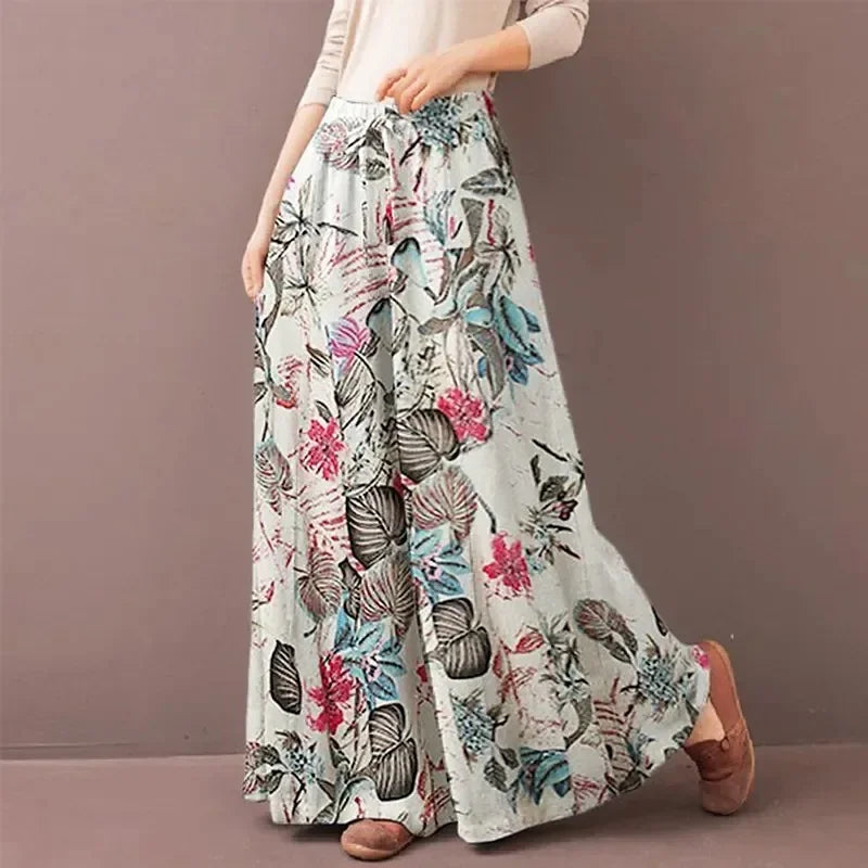 Women's Floral Print Wide Leg Pants — Drawstring Elastic Waist Bohemian Trousers | Plus Size