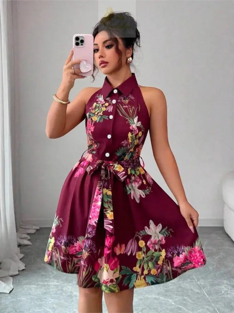 Printed Waist Halterneck Tie Dress Elegant LADYLYS