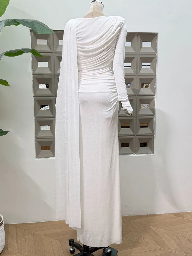 Slash Neck Long Sleeve Slim Midi Dress – Ribbon Waist Elegant Evening Wear