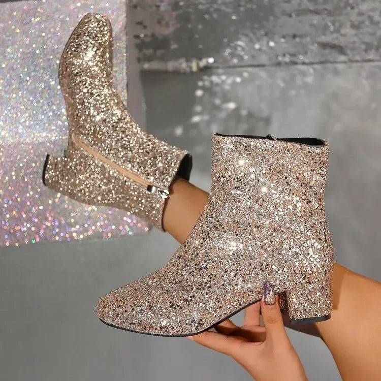 Women's Sparkly Mid-Calf Boots with Block Heels