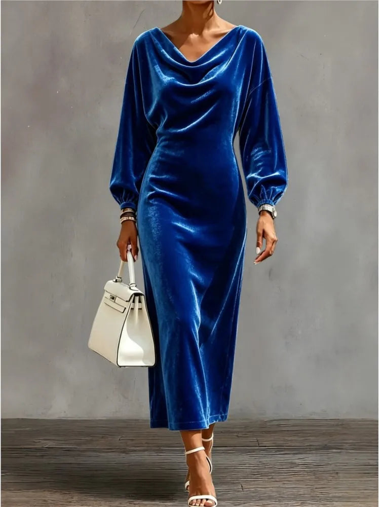 Women's Elegant Cowl Neck A-Line Dress with Lantern Sleeves