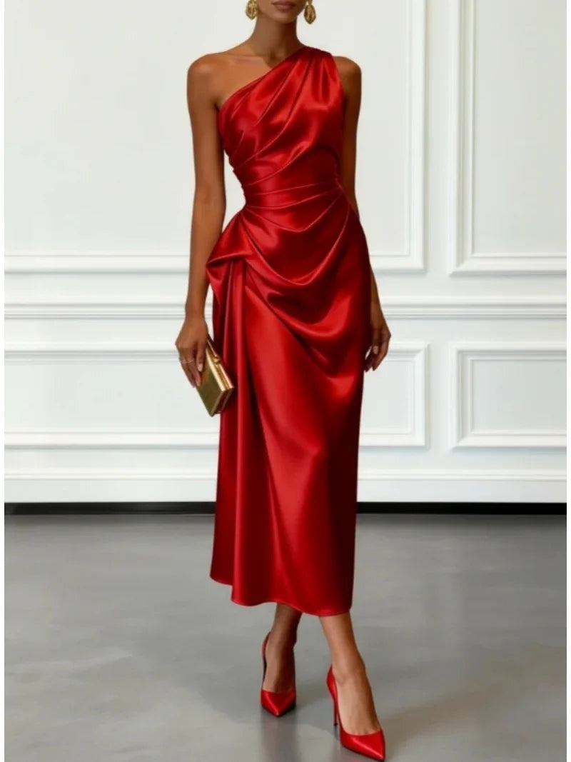 One Shoulder Satin Midi Dress With Ruched Waist Elegant LADYLYS