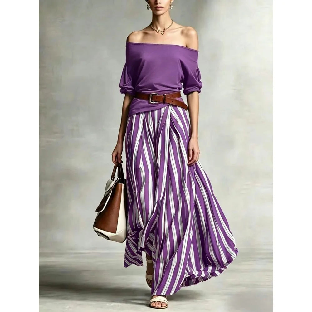 Women's 2-Piece Boho Set – Off-Shoulder Puff Sleeve Top & Vertical Stripe Flowy Maxi Skirt | Casual Vacation Outfit