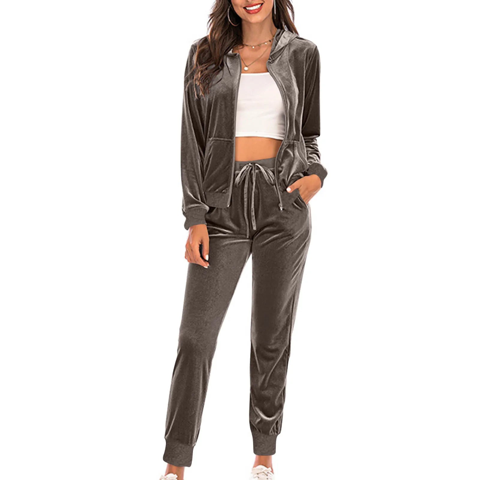 Women's Velvet Tracksuit 2-Piece Set – Full-Zip Hoodie & Jogger Sweatpants with Pockets