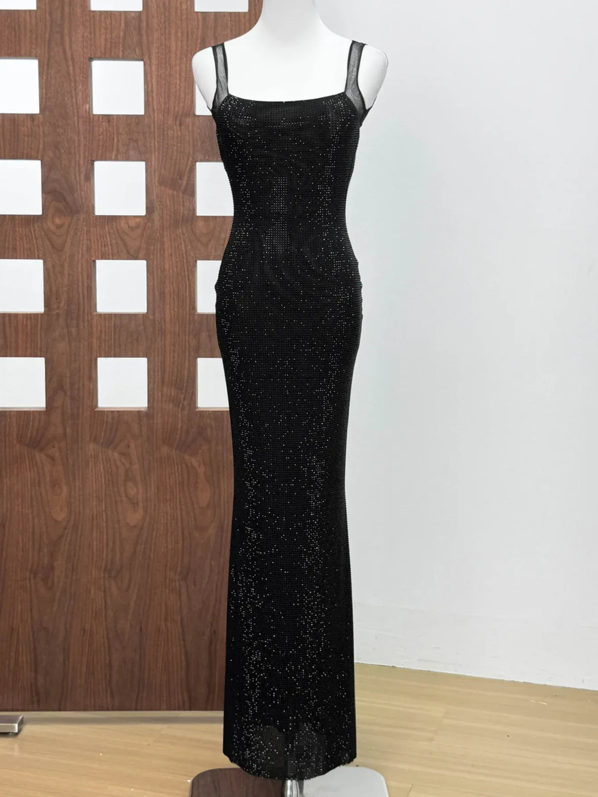 Rhinestone Backless V-Neck Maxi Dress