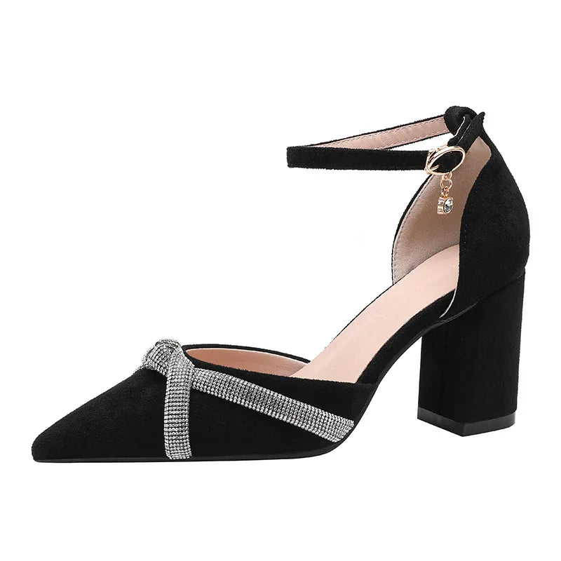 Chunky Heel Hollow Point Toe High Heels Women Shoes Solid Color Ankle Strap Rhinestone Black Heels LADYLYS