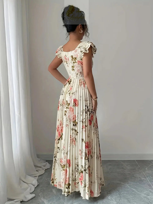 Elegant Beige Floral Pleated Midi Dress with Ruffle LADYLYS