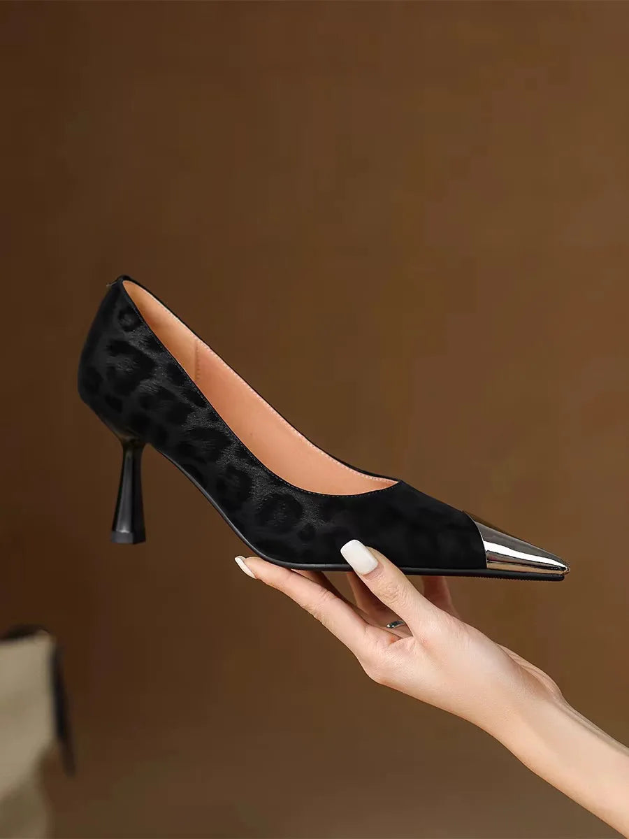 French Retro Leopard Print Heels – Pointed Toe, Slim High Heel, Shallow Cut