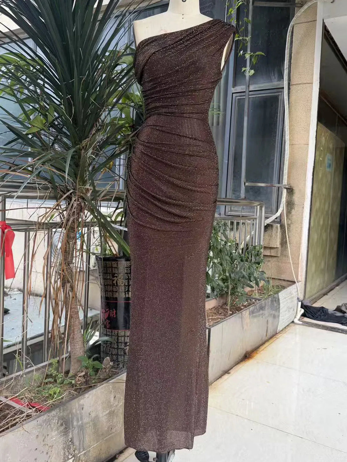 Rhinestone Backless V-Neck Maxi Dress