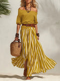 Women's 2-Piece Boho Set – Off-Shoulder Puff Sleeve Top & Vertical Stripe Flowy Maxi Skirt | Casual Vacation Outfit