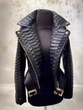 Women's Snakeskin PU Leather Moto Jacket – Zip-Up Biker Jacket
