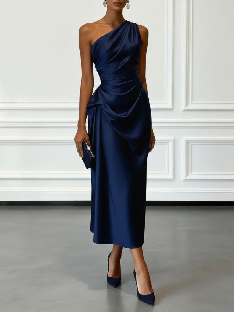 One Shoulder Satin Midi Dress With Ruched Waist Elegant LADYLYS