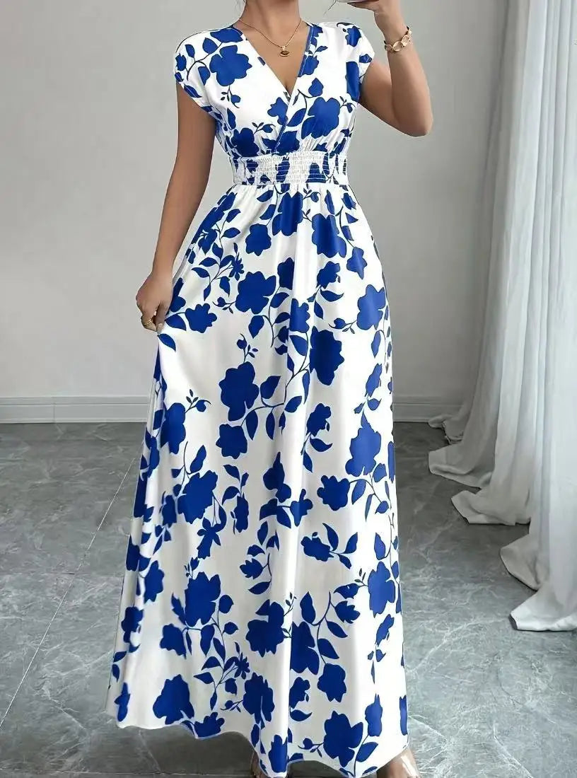 Printed V-Neck Short Sleeve Midi Dress – Lace-Up Waist Casual Summer Dress