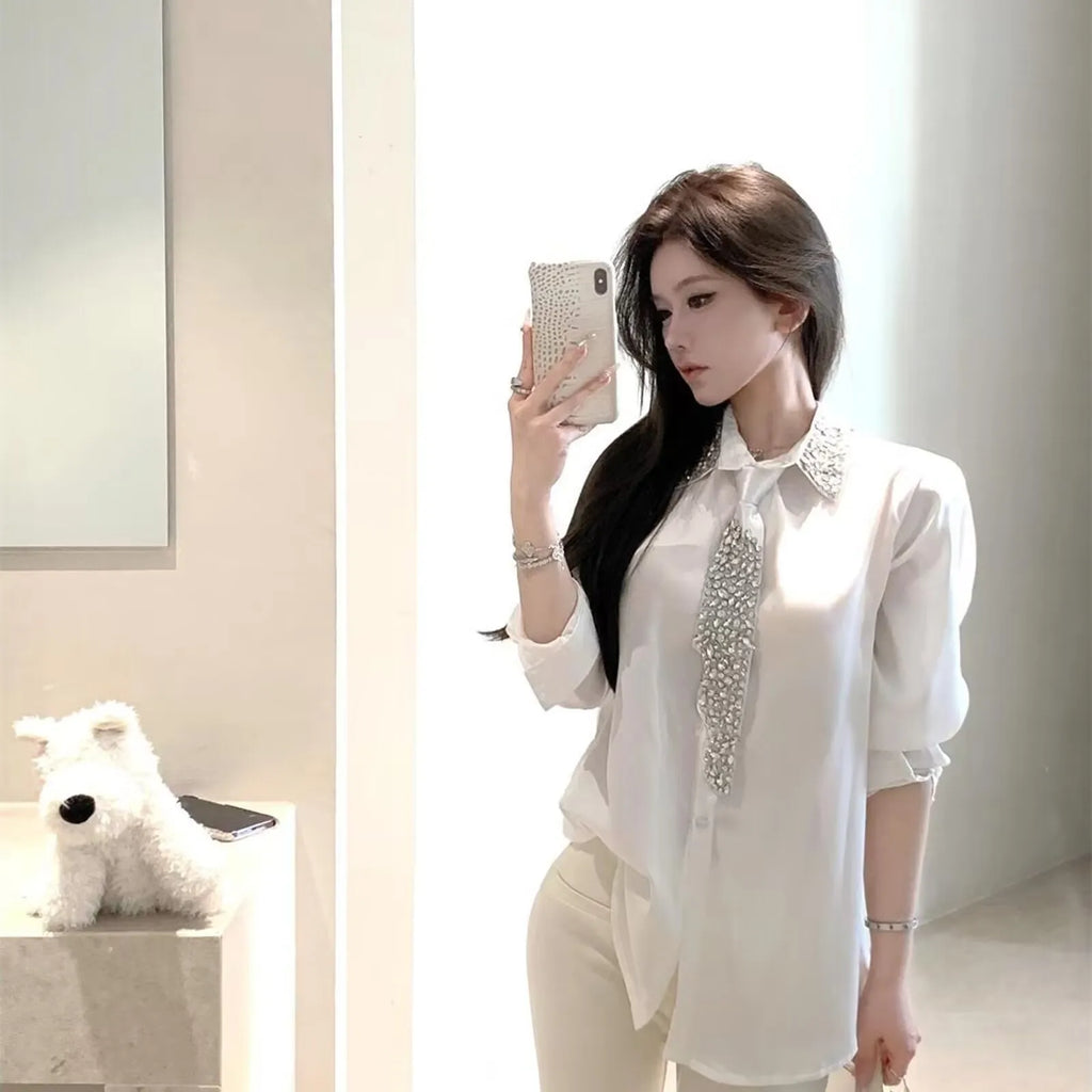 Shirt New Crystal Beading With Necktie Chiffon Blouses LADYLYS