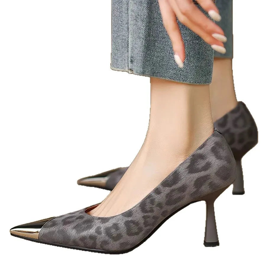 French Retro Leopard Print Heels – Pointed Toe, Slim High Heel, Shallow Cut