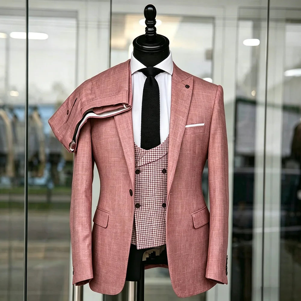 Men's Luxury Pink Linen 3-Piece Suit – Slim Fit | Wedding & Business