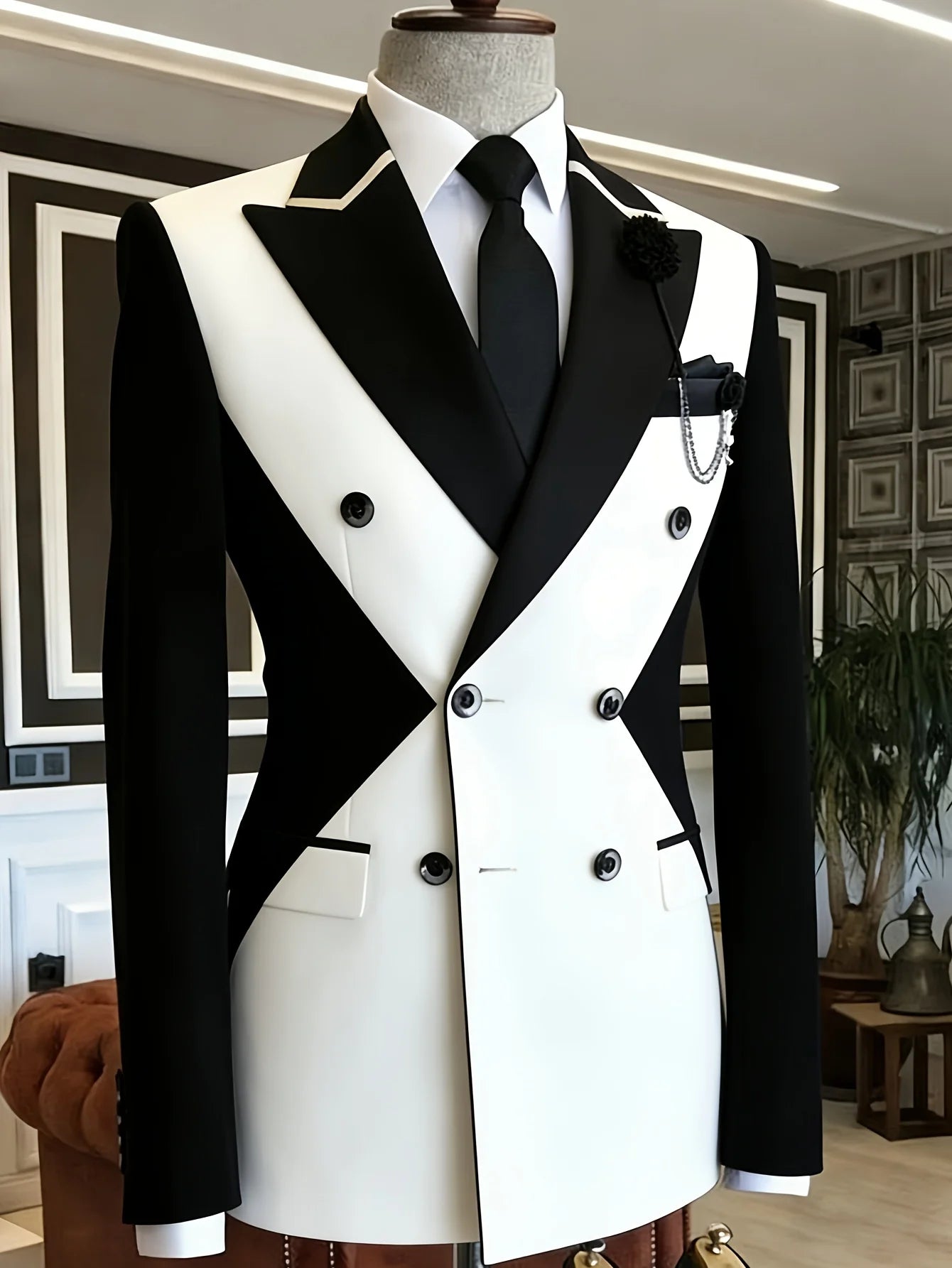 Men White Black Geometric Color Block Double Breasted Blazer Black Satin Lapel Slim Fit Wedding Groom Stage Formal Tuxedo Jacket LADYLYS