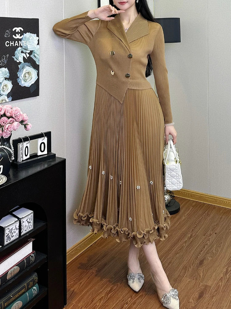 Miyake Pleated Long Dress – Double-Breasted Waist-Cinching A-Line Skirt