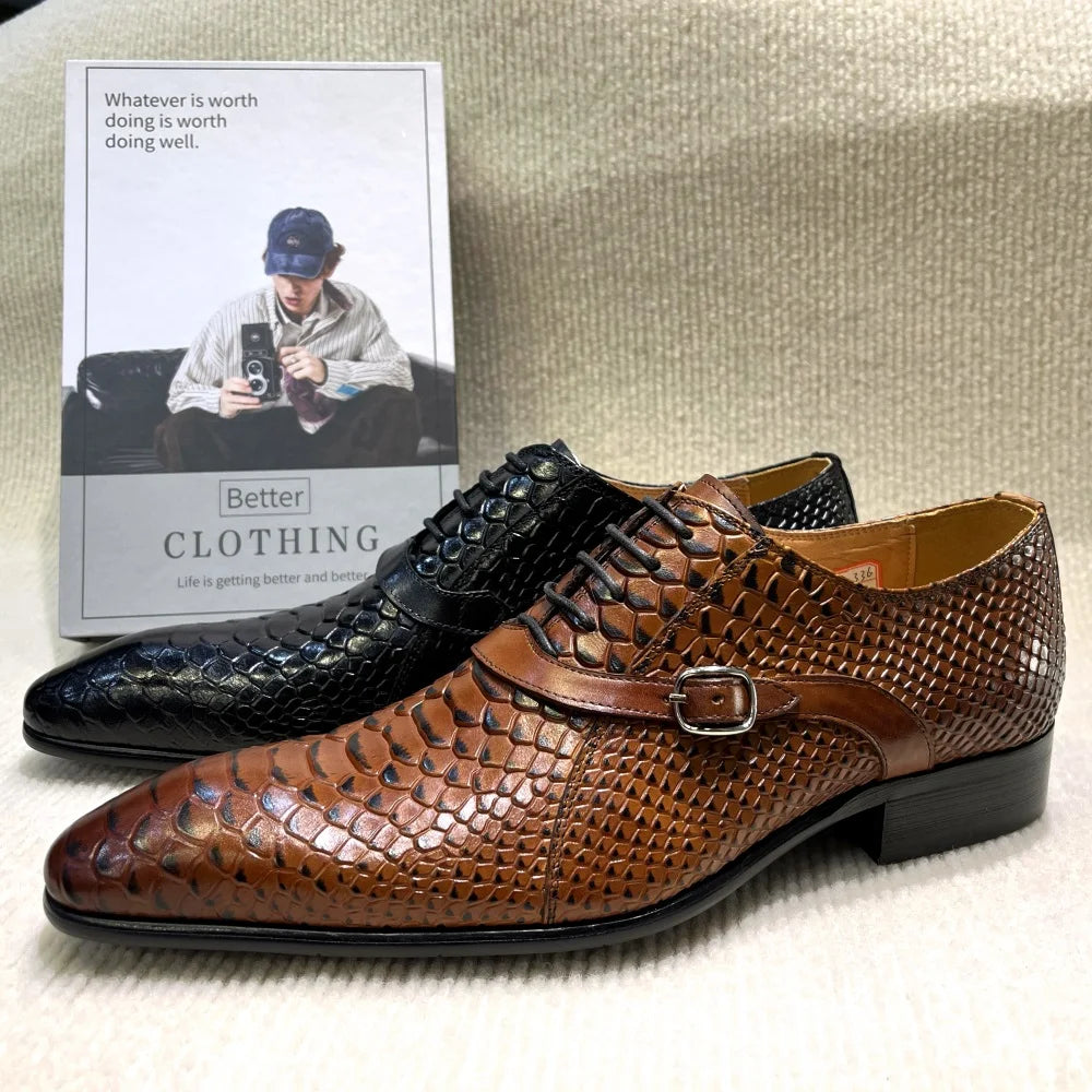 Italian-Style Handcrafted Leather Oxford Shoes – Python Pattern, Pointed Toe