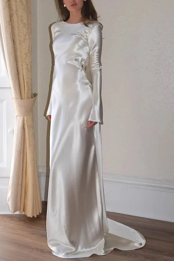 Ivory Backless Mermaid Maxi Dress with Long Sleeves