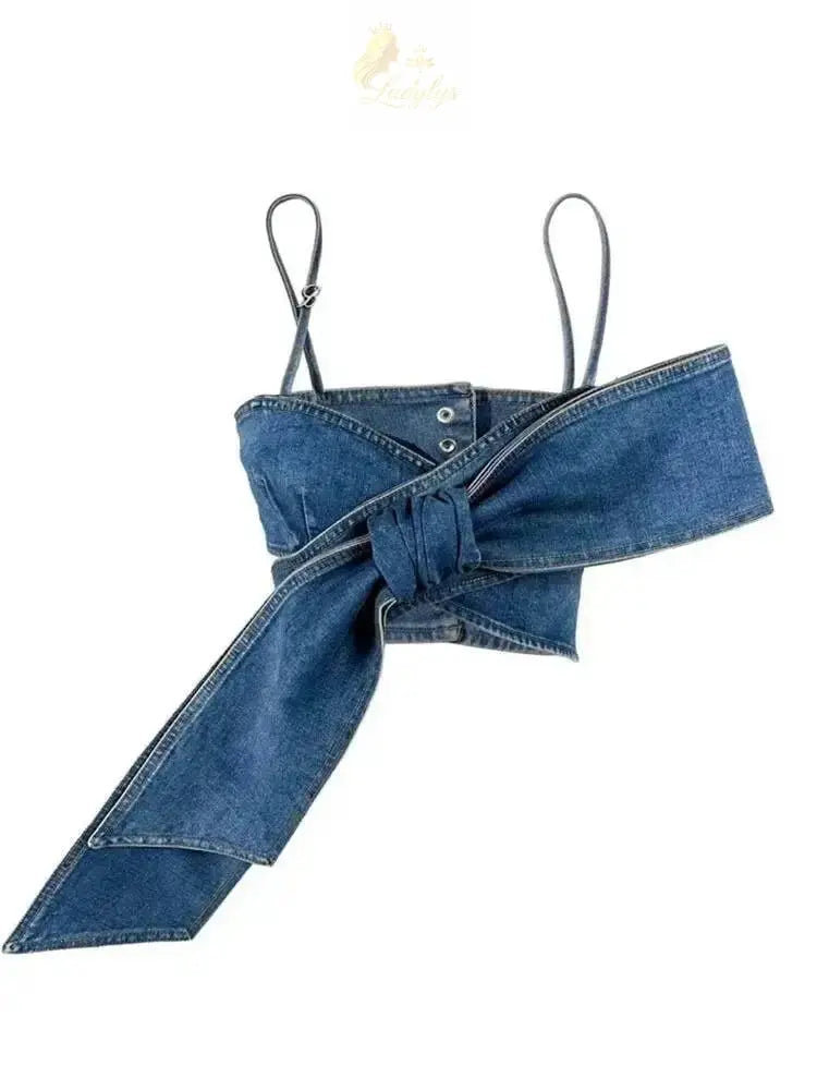 Women's Bows Bandage Denim Sling Vest High Waist Wide Leg Straight Jeans LADYLYS