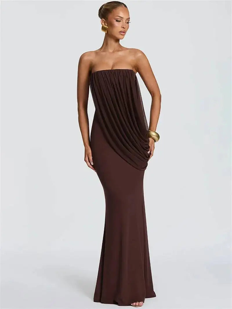 Mesh Backless Off-Shoulder Maxi Dress – Ruched High Waist Slim Evening Gown