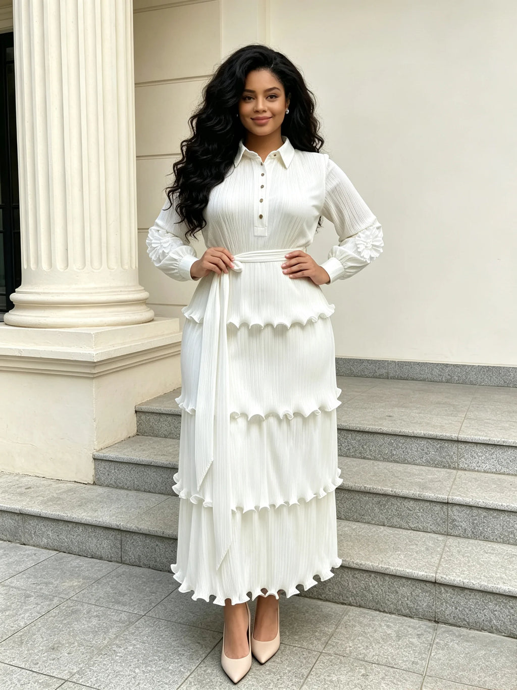 Women's Miyake Pleated Tiered Maxi Dress – Petal Sleeve Belted Long Dress | Elegant African Style
