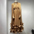 Women's V-Neck Cape Sleeve Maxi Dress – Ruffle Edge, A-Line Floor-Length
