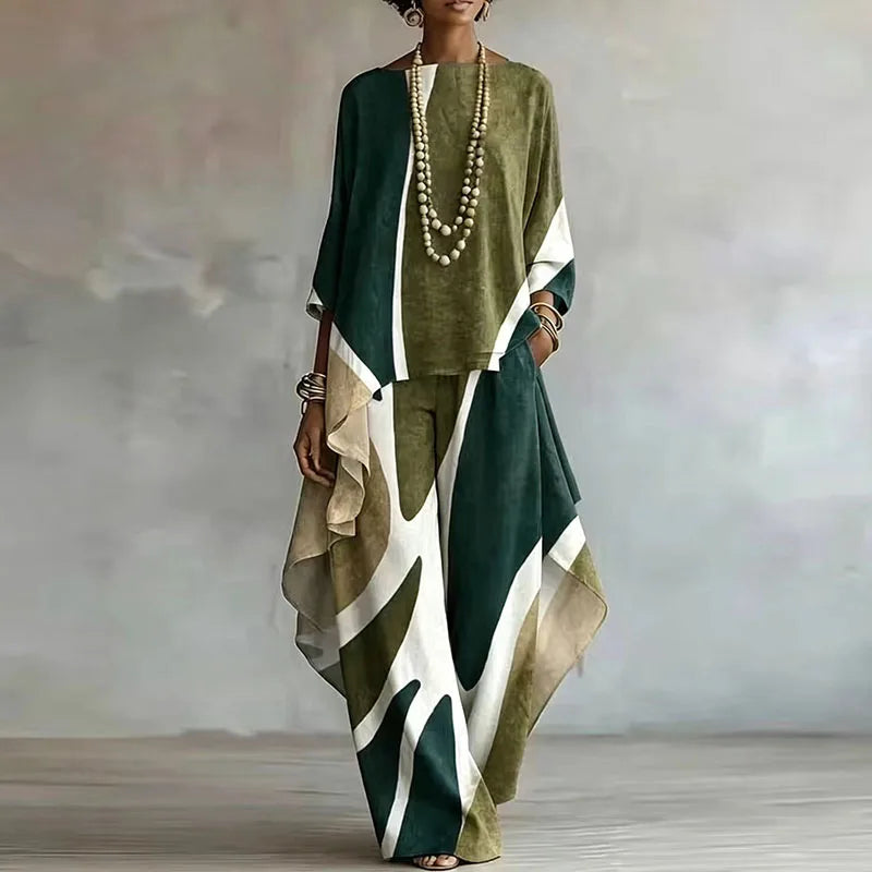 Elegant Contrast Color 2-Piece Set – Vintage Irregular Hem, Women's Outfit