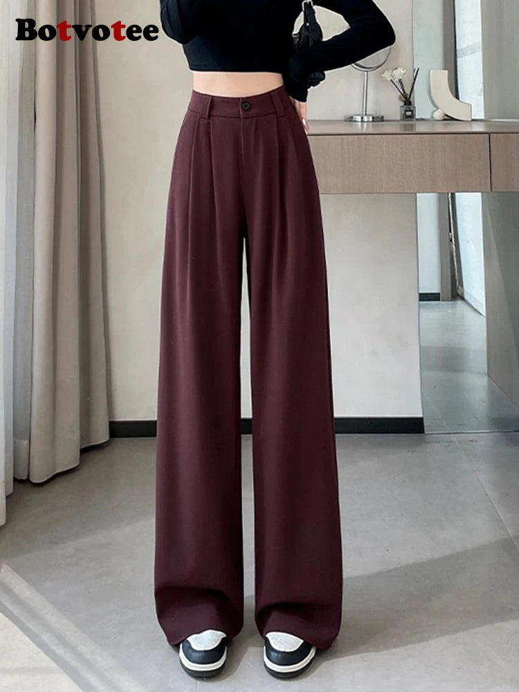 Botvotee Burgundy Suits Pants for Women Office Lady Elegant High Waist Wide Leg LADYLYS