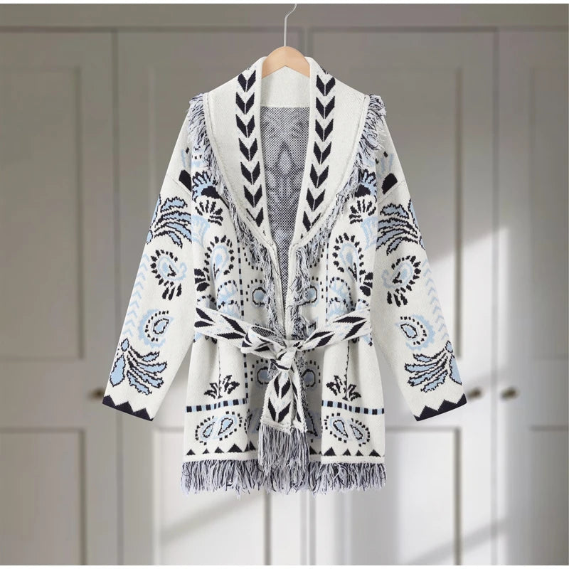 Women's Jacquard Knit Wrap Cardigan with Belt and Fringe Trim