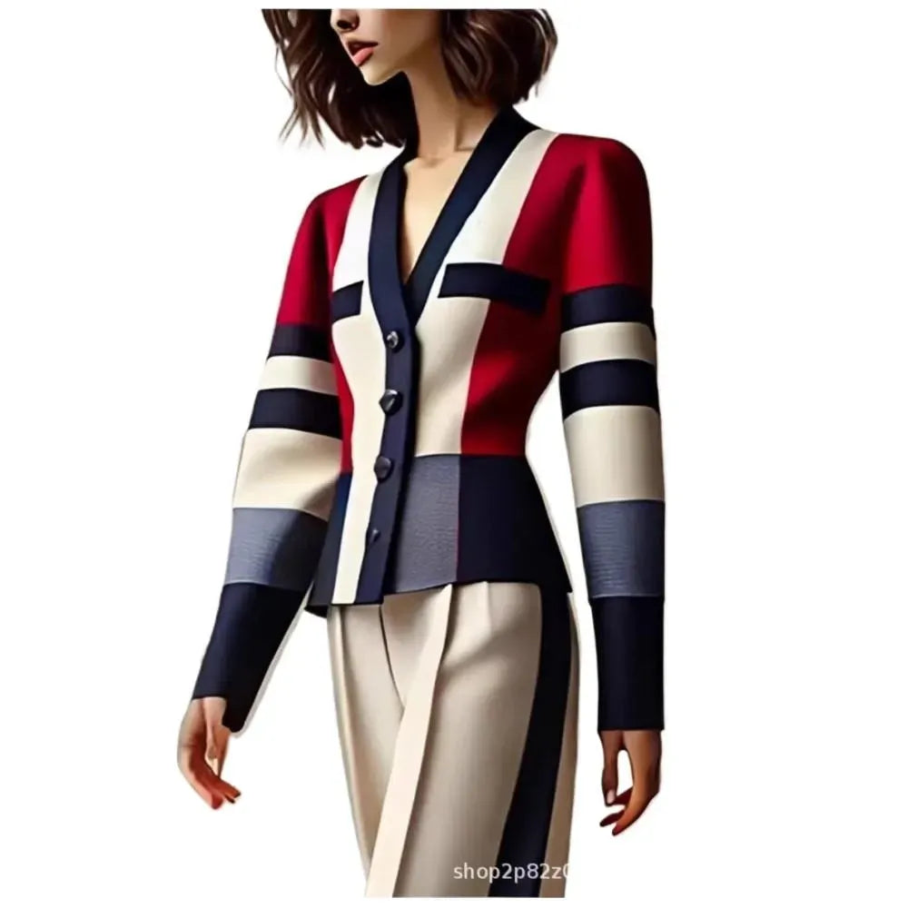 Women's Red Colour-Block Blazer & Trousers Set