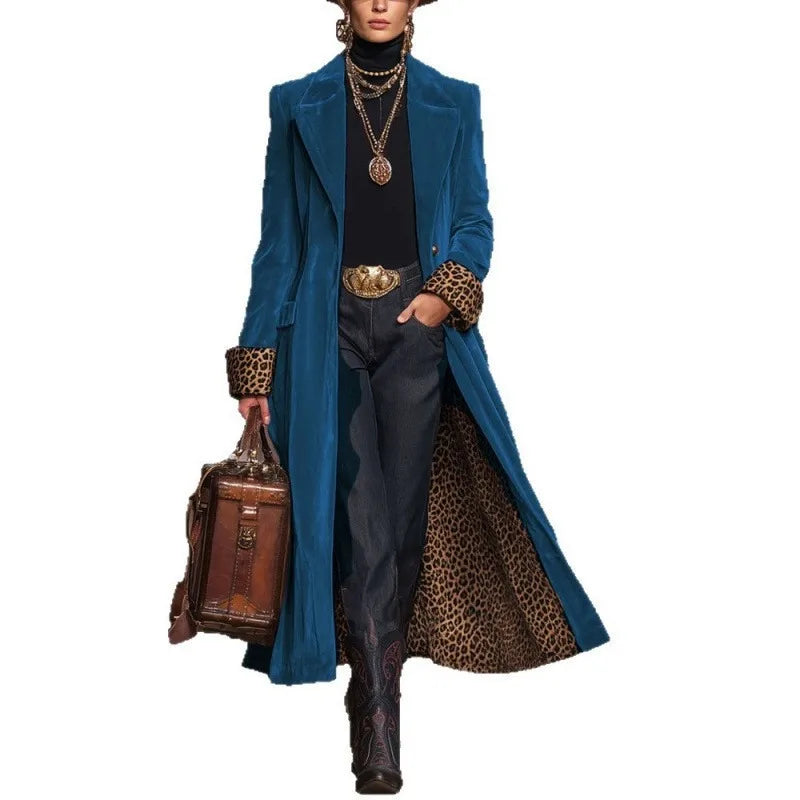 Women's Vintage Velvet Long Coat with Leopard Print Lining