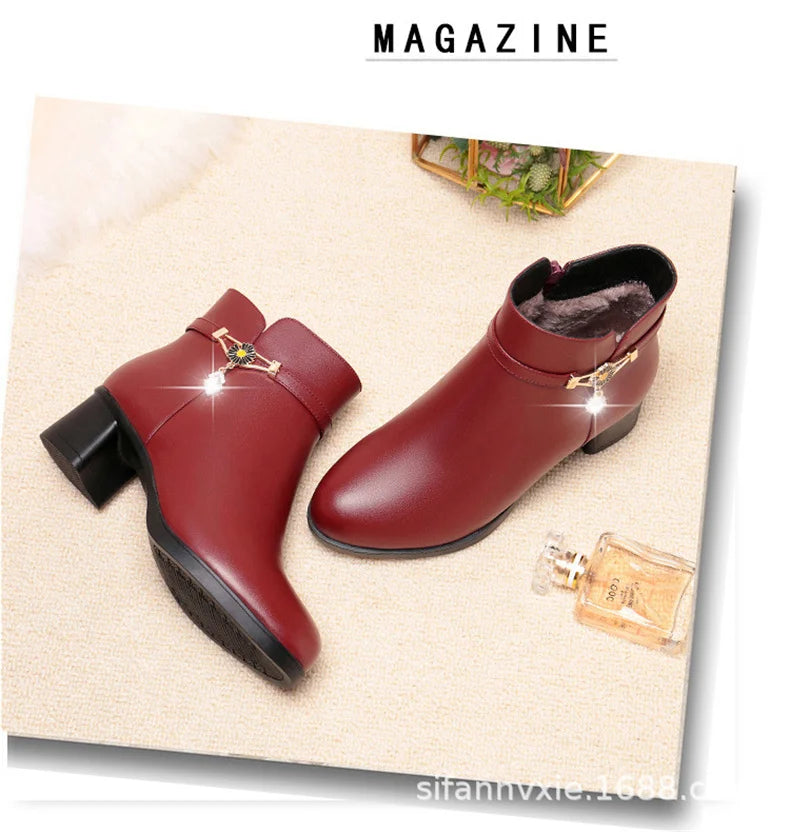 Women's Velvet Fleece-Lined Ankle Boots – Low Square Heel Anti-Slip Winter Booties