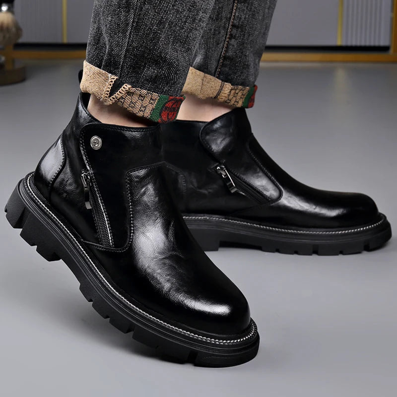 Men's Genuine Leather Zip-Up Ankle Boots – British Retro High-Top Non-Slip Booties